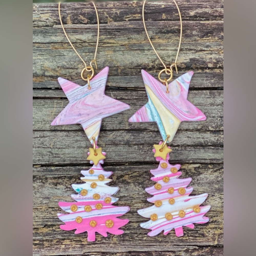 Handcrafted Pink and Gold Star Tree Earrings